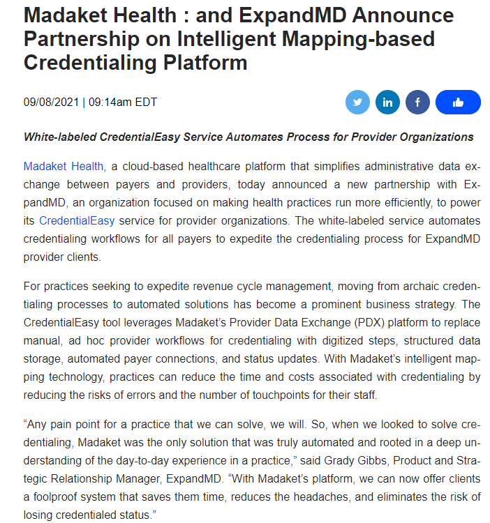 Madaket Health : and ExpandMD Announce Partnership on Intelligent Mapping-based Credentialing Platform